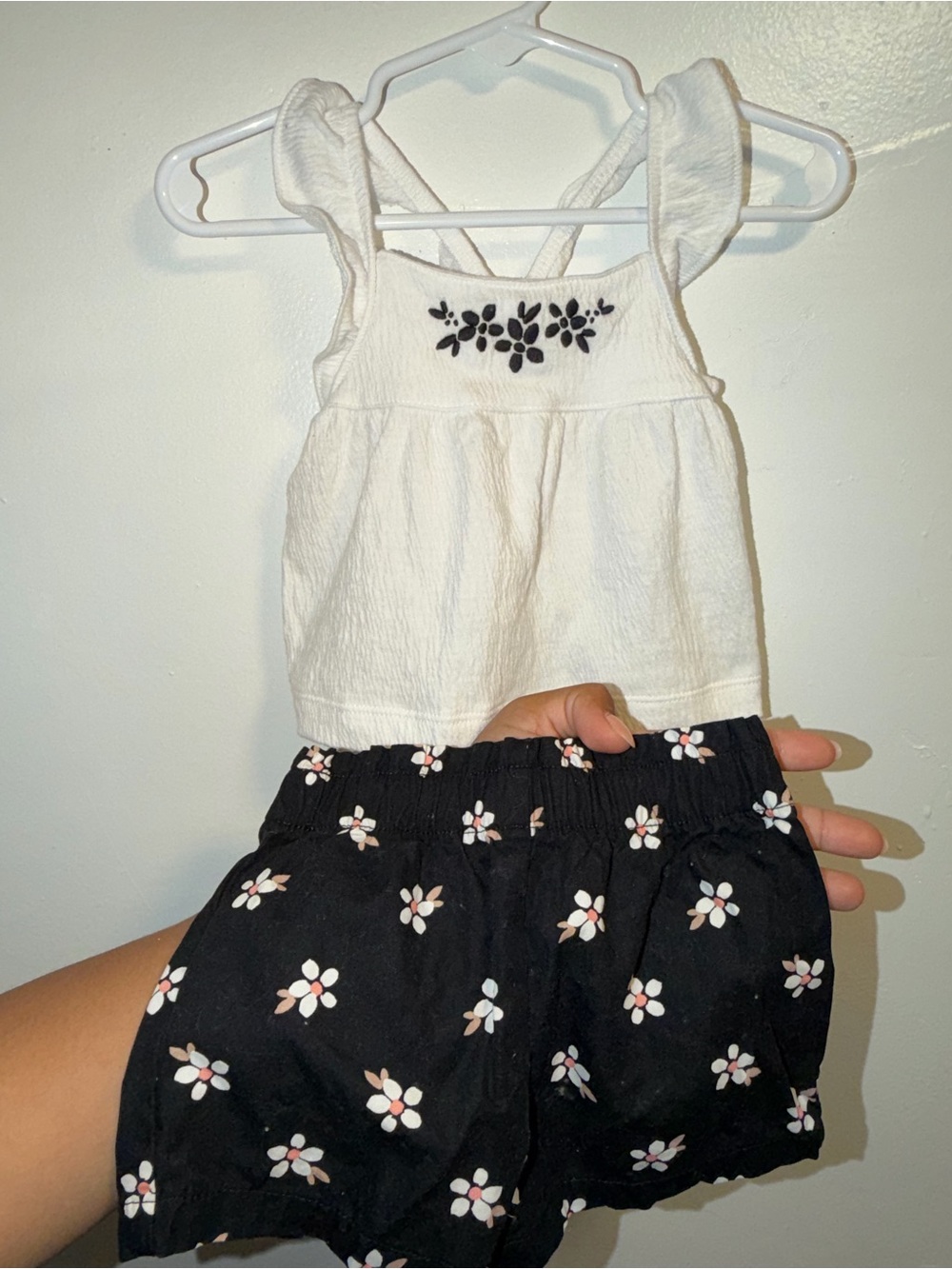 Girls White Floral Embroidered Tank with Black Daisy Print Shorts